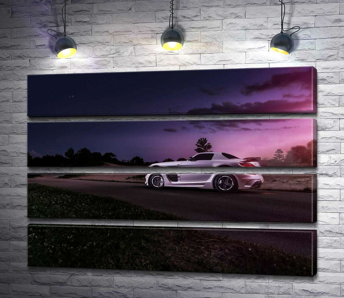 модульна картина Біла модель автомобіля Mercedes-Benz SLS AMG у фіолетових сутінках (Модуль №22)