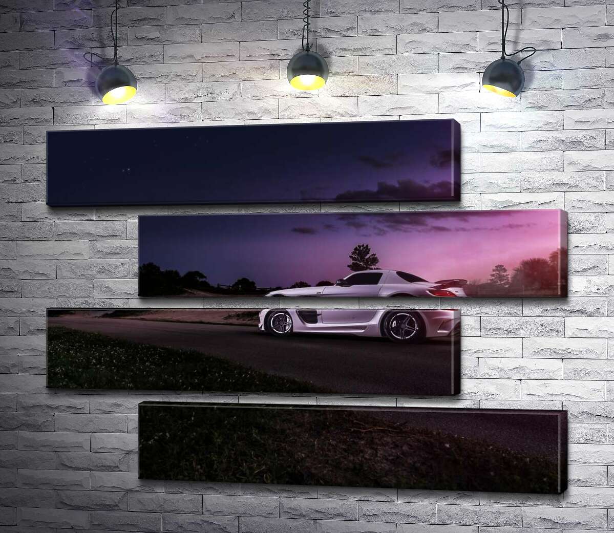 модульная картина Белая модель автомобиля Mercedes-Benz SLS AMG в фиолетовых сумерках (Модуль №23)