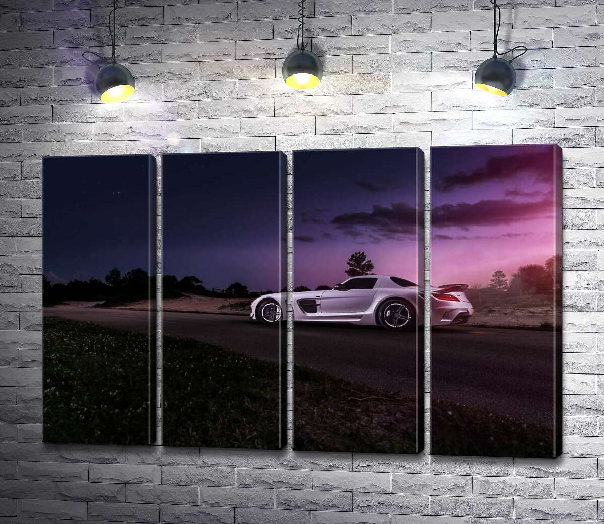 модульная картина Белая модель автомобиля Mercedes-Benz SLS AMG в фиолетовых сумерках (Модуль №24)