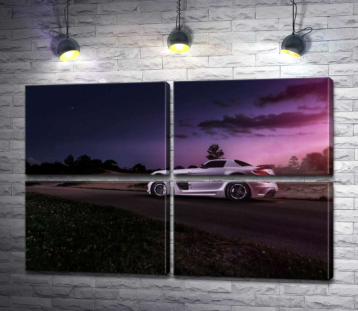 модульная картина Белая модель автомобиля Mercedes-Benz SLS AMG в фиолетовых сумерках (Модуль №25)