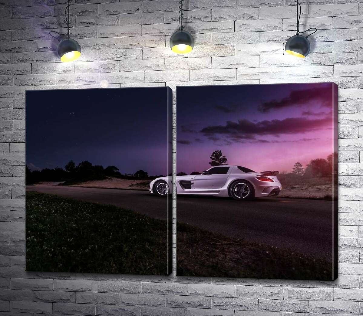 модульная картина Белая модель автомобиля Mercedes-Benz SLS AMG в фиолетовых сумерках