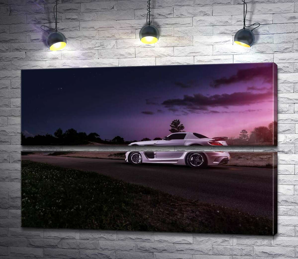 модульна картина Біла модель автомобіля Mercedes-Benz SLS AMG у фіолетових сутінках (Модуль №7)