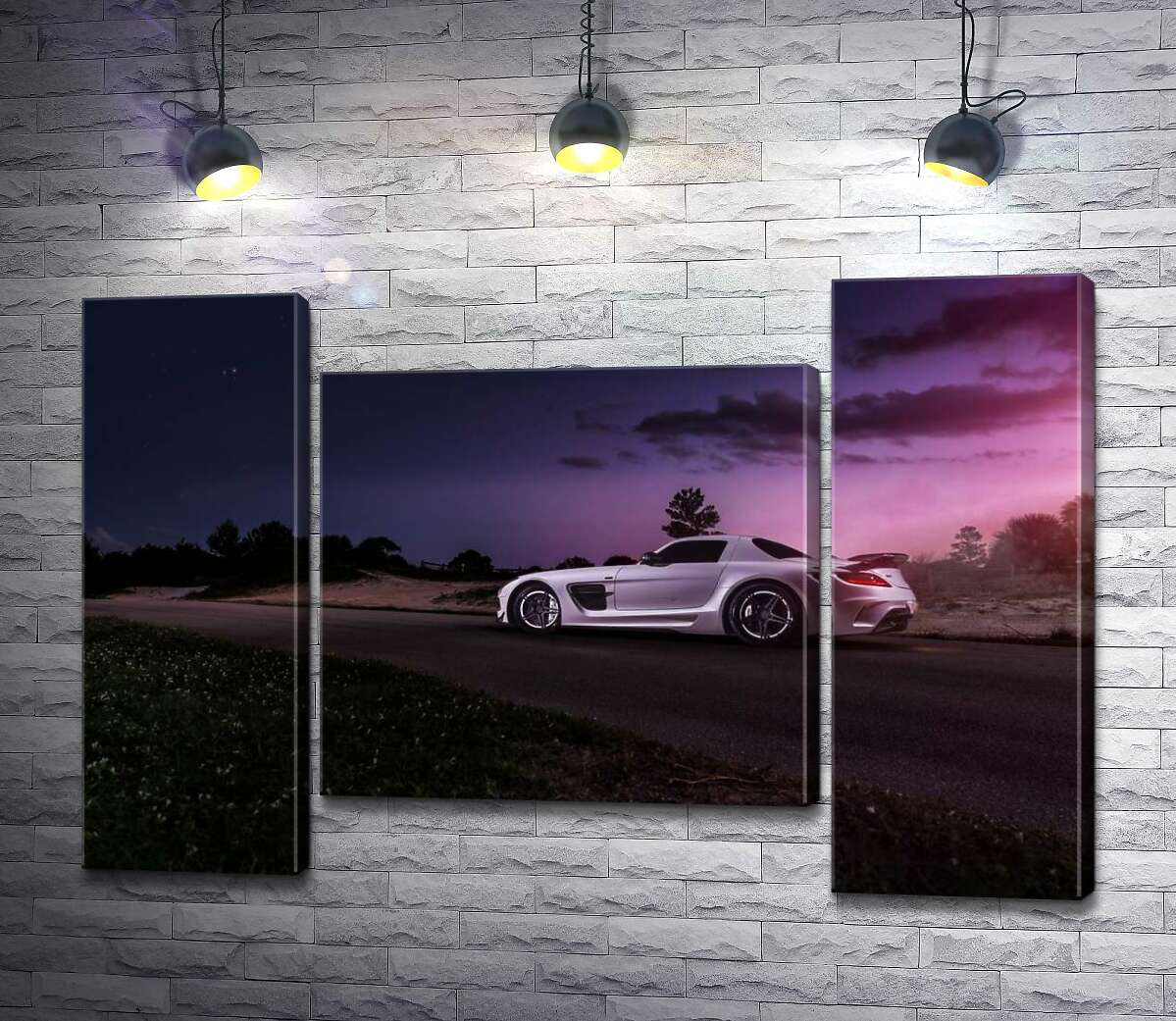 модульна картина Біла модель автомобіля Mercedes-Benz SLS AMG у фіолетових сутінках (Модуль №11)