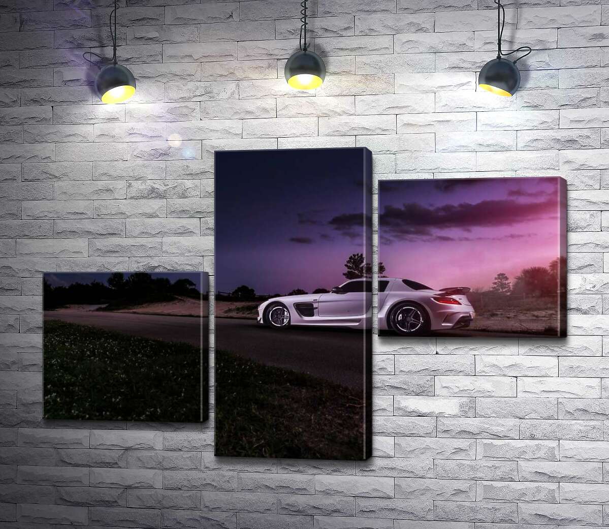 модульна картина Біла модель автомобіля Mercedes-Benz SLS AMG у фіолетових сутінках (Модуль №12)