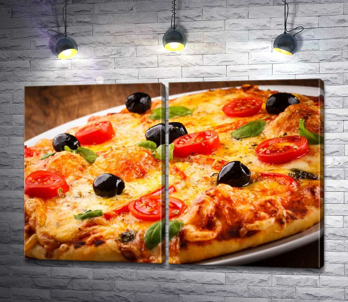 модульная картина Пицца с оливками, помидорами и базиликом на хрустящей сырной корочке