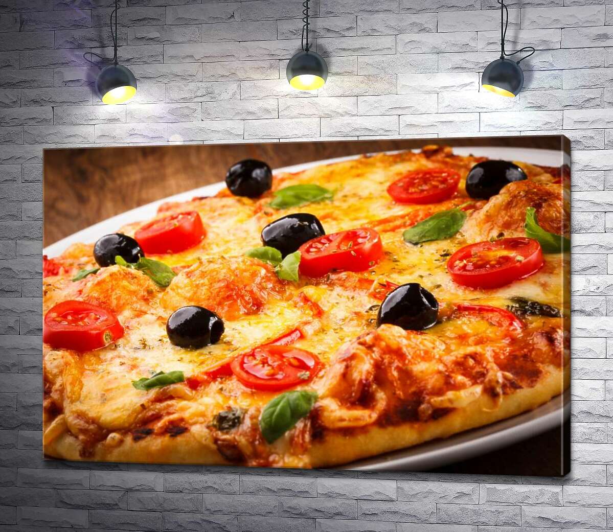 картина Пицца с оливками, помидорами и базиликом на хрустящей сырной корочке