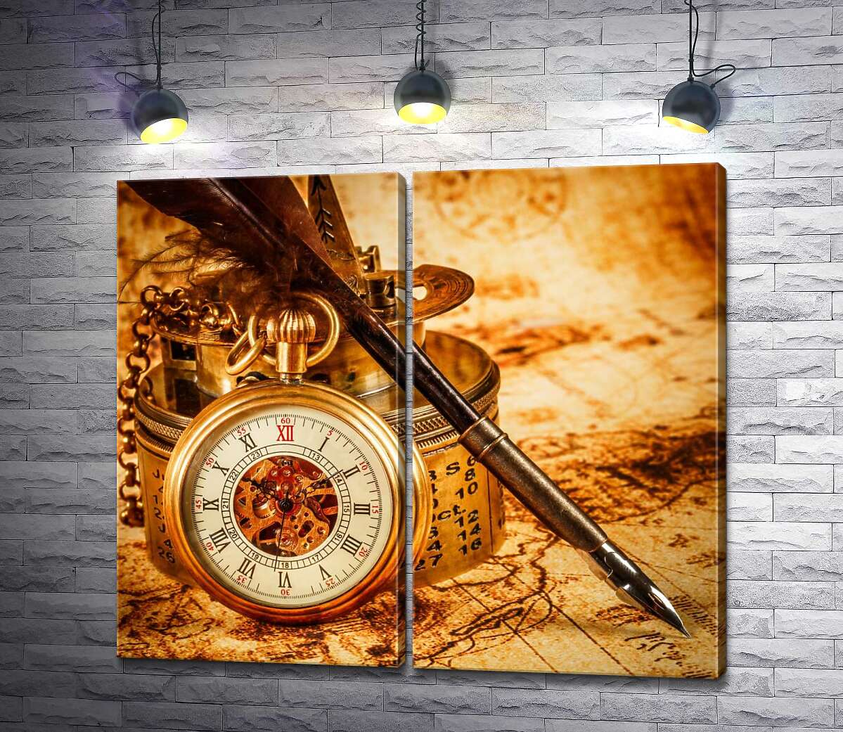 модульная картина Винтажные карманные часы оперлись на компас рядом с перьевой ручкой
