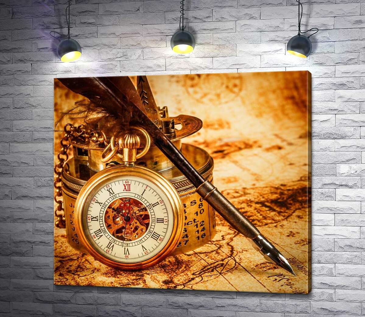 картина Вінтажний кишеньковий годинник обперся на компас поряд з пір'яною ручкою