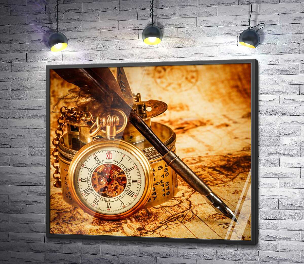 постер Вінтажний кишеньковий годинник обперся на компас поряд з пір'яною ручкою