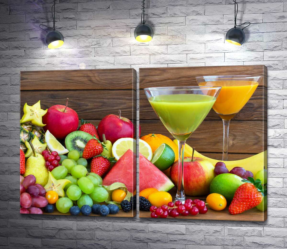 модульна картина Фруктові фреші з різноманіттям ягід та фруктів