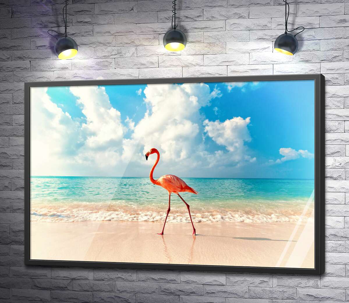 постер Фламинго гуляет по берегу моря