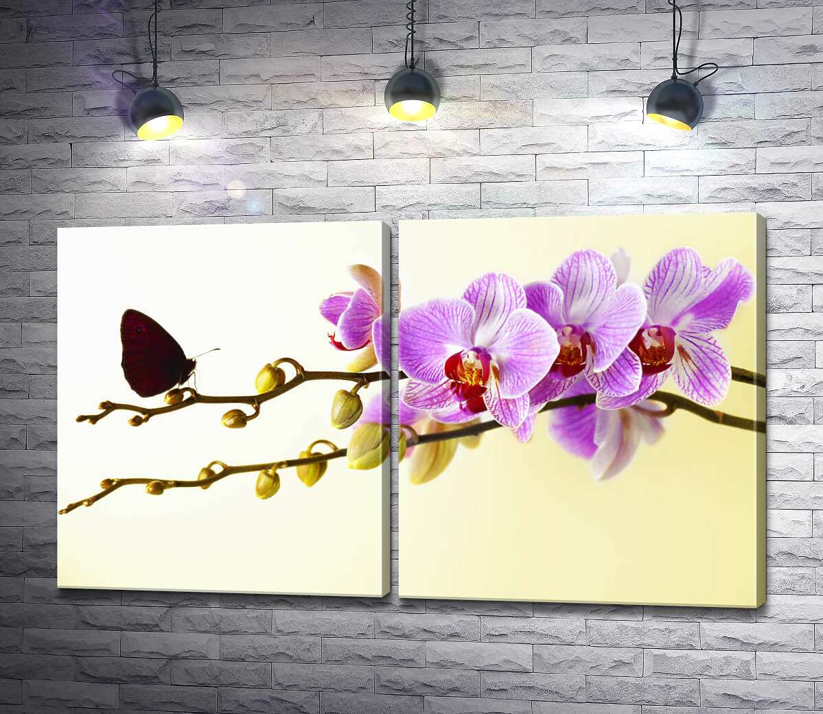 модульная картина Красная бабочка села на бутон сиреневой орхидеи