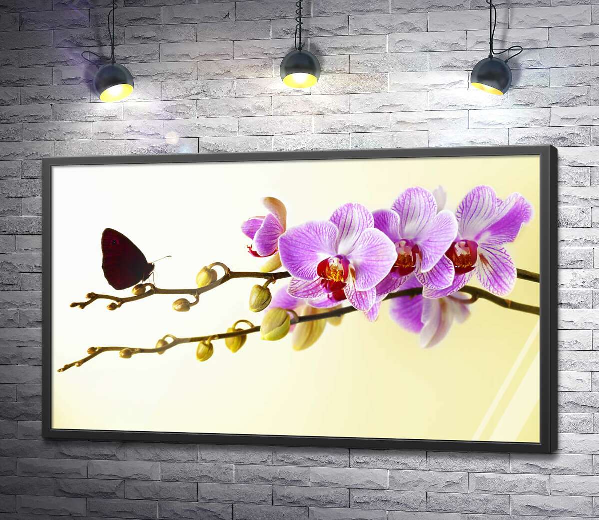 постер Красная бабочка села на бутон сиреневой орхидеи