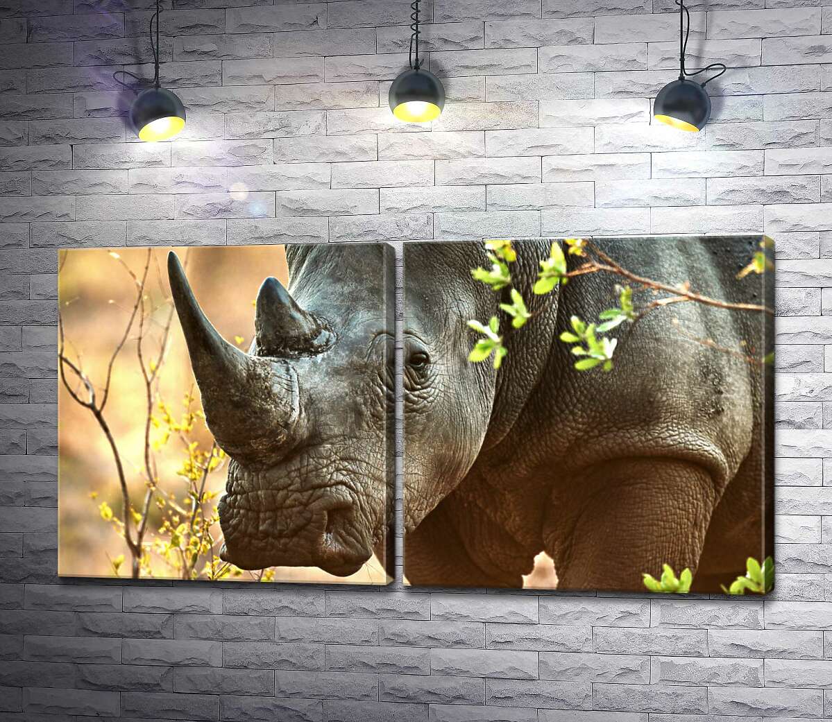 модульная картина Черный носорог гуляет между деревьями