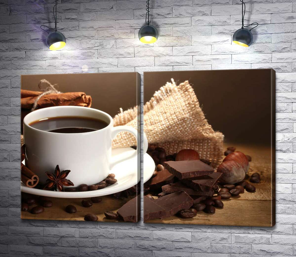 модульная картина Чашка кофе в окружении пряностей, шоколада и орехов