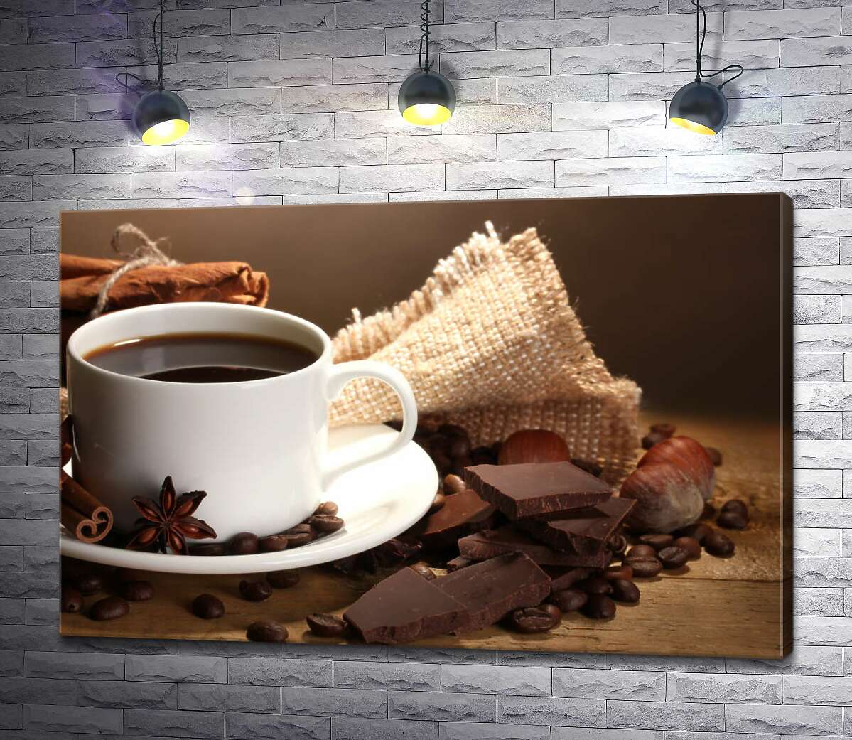 картина Чашка кави в оточенні прянощів, шоколаду та горіхів