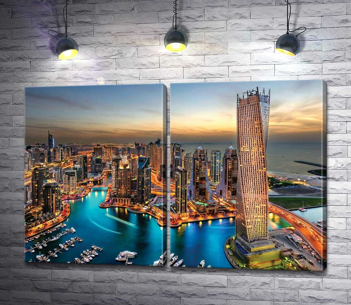 модульная картина Вид на вечерние дома залива Дубай Марина