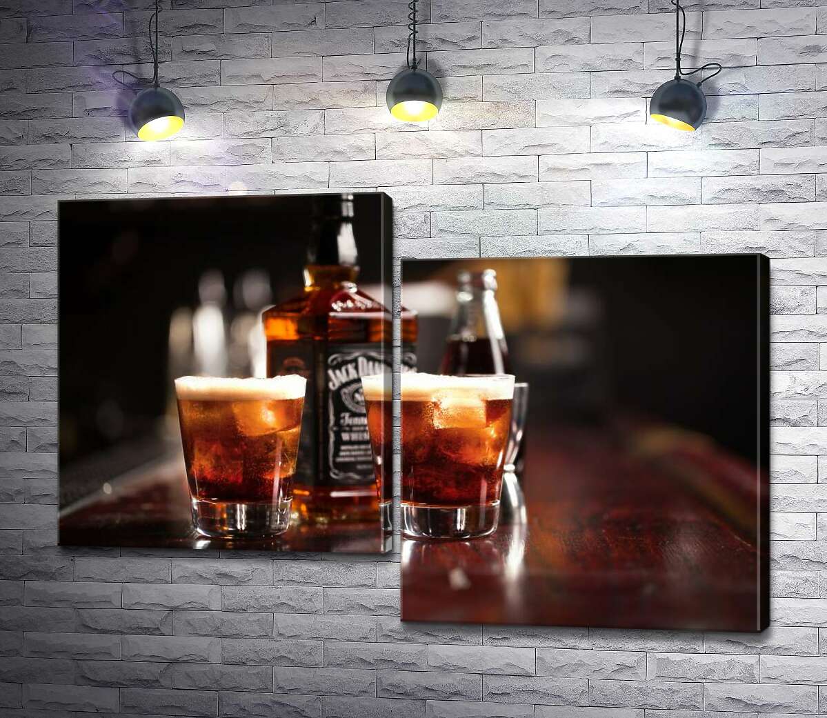 модульная картина Насыщенный цвет виски "Jack Daniel's" в стаканах (Модуль №9)