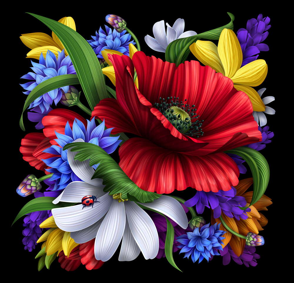 картина-постер Яскрава мак в оточенні польових квітів