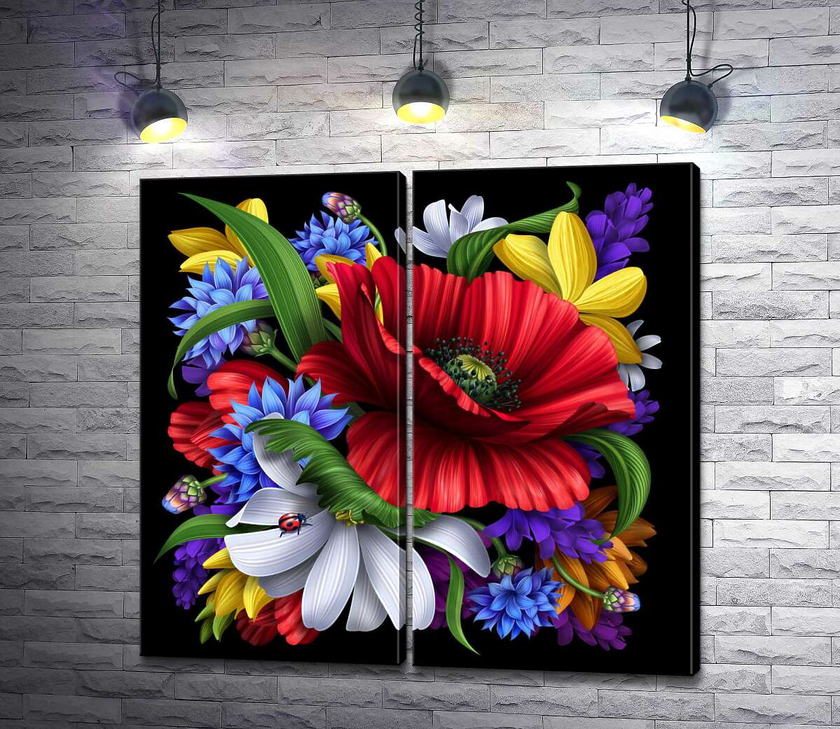 модульна картина Яскрава мак в оточенні польових квітів