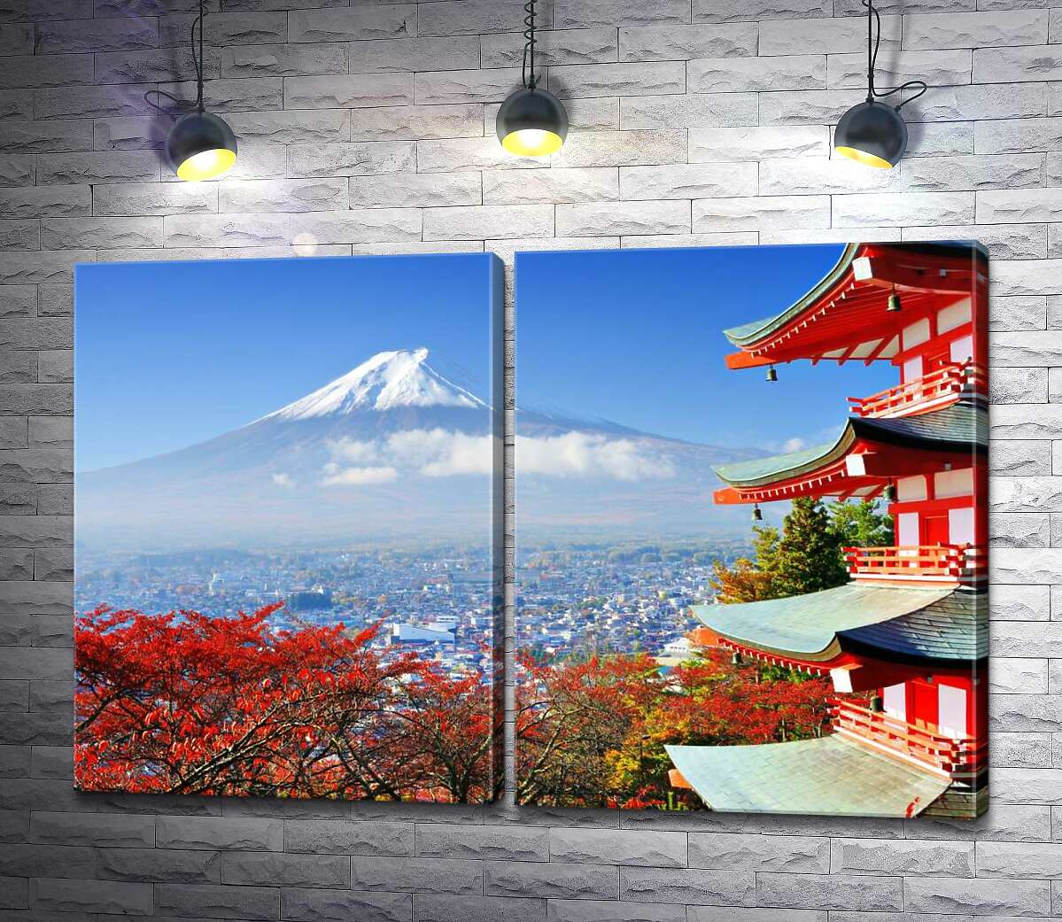 модульна картина Осінній вид на гору Фудзі (Mount Fuji) поряд з мальовничою будевлею пагоди
