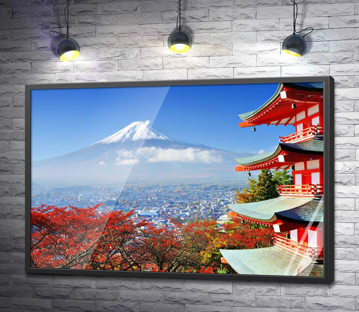постер Осінній вид на гору Фудзі (Mount Fuji) поряд з мальовничою будевлею пагоди