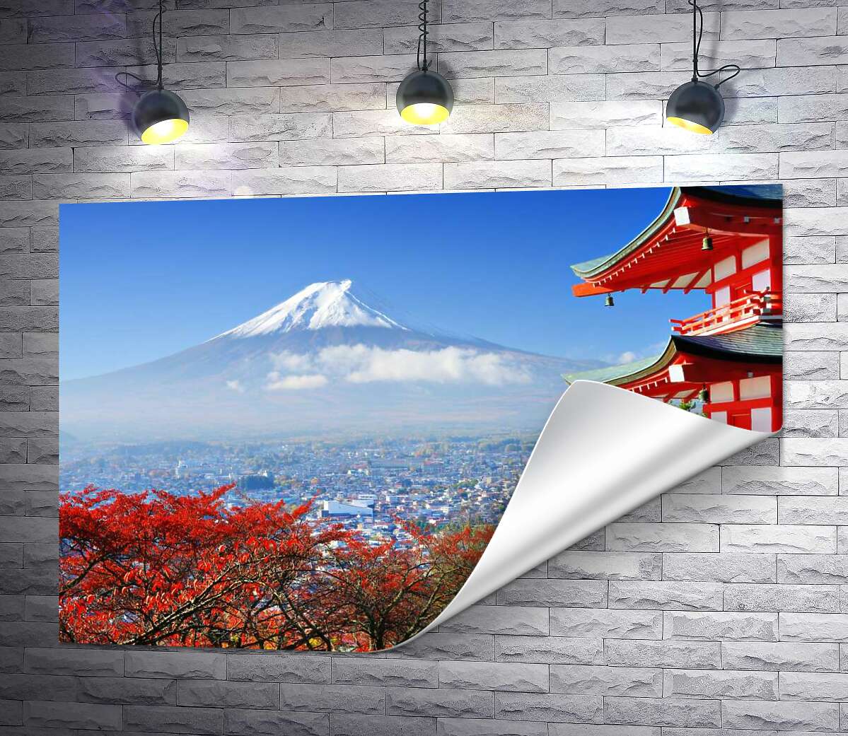 друк Осінній вид на гору Фудзі (Mount Fuji) поряд з мальовничою будевлею пагоди