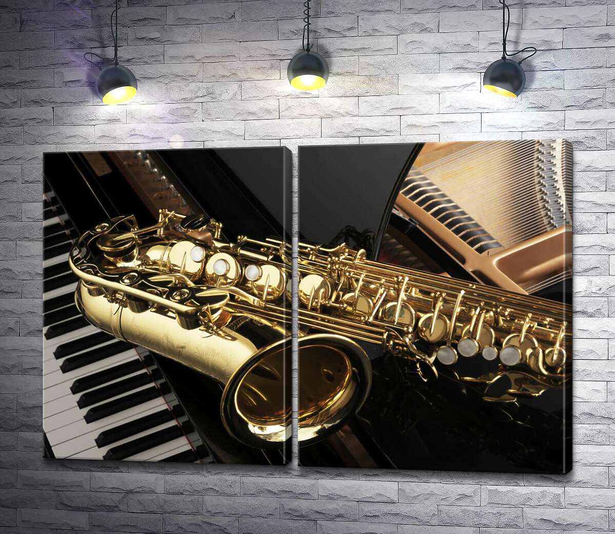 модульна картина Золотий силует саксофона контрастує з чорною поверхнею рояля
