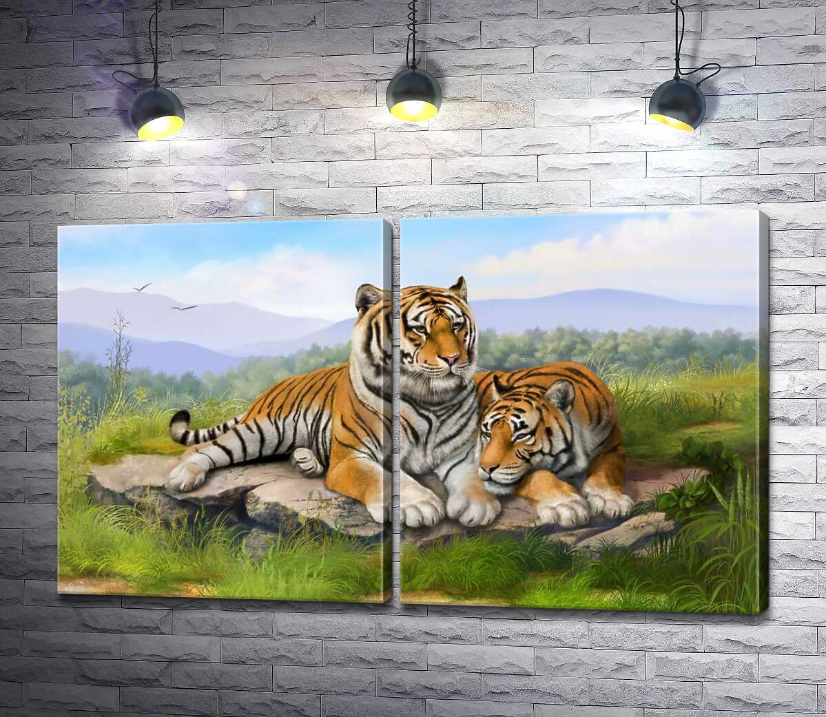 модульная картина Пара тигров отдыхает на камне среди травы