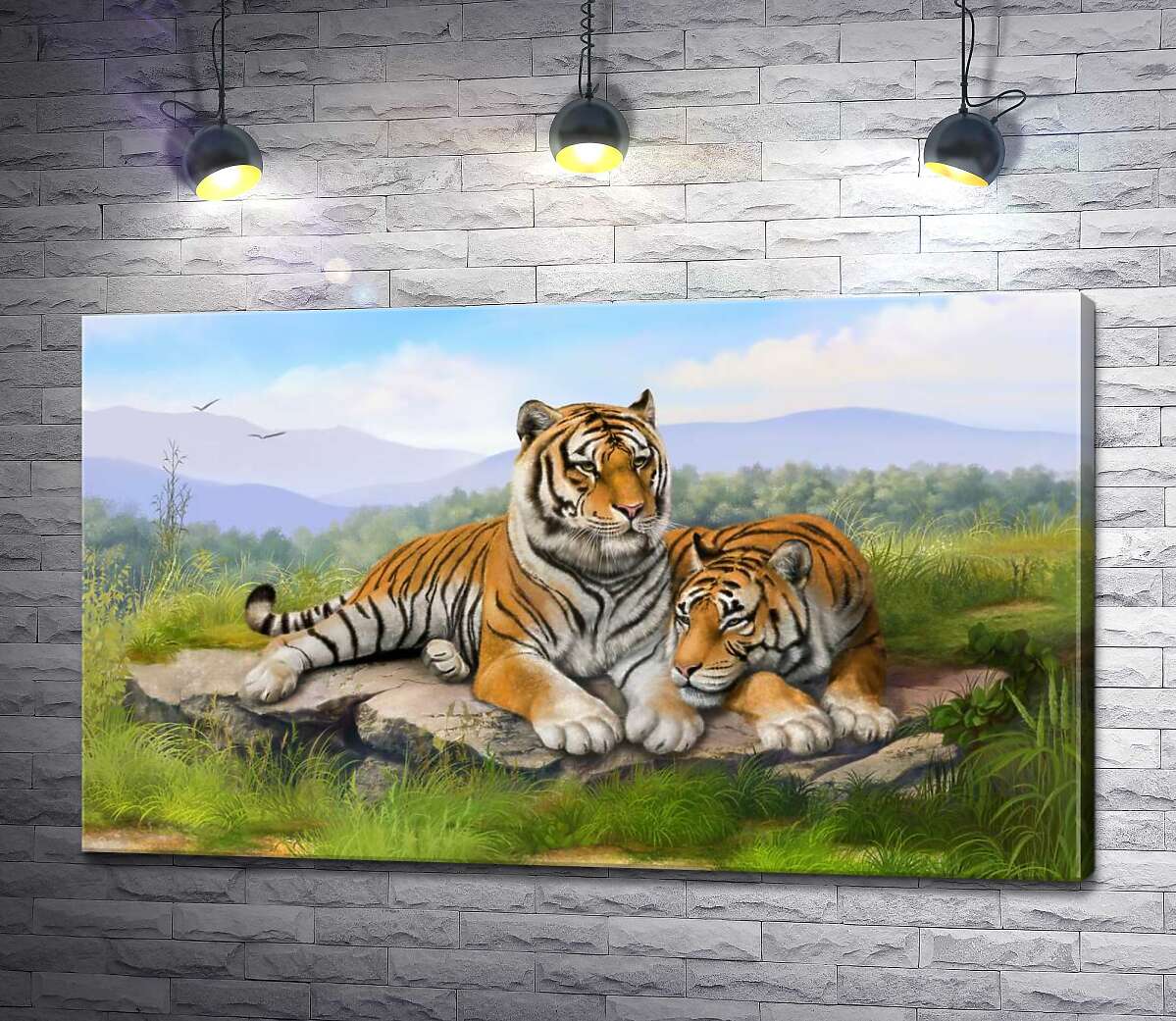 картина Пара тигров отдыхает на камне среди травы