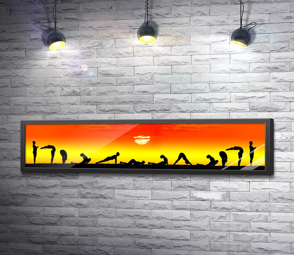 постер Позы йоги "Приветствие Солнца" на фоне оранжевого неба