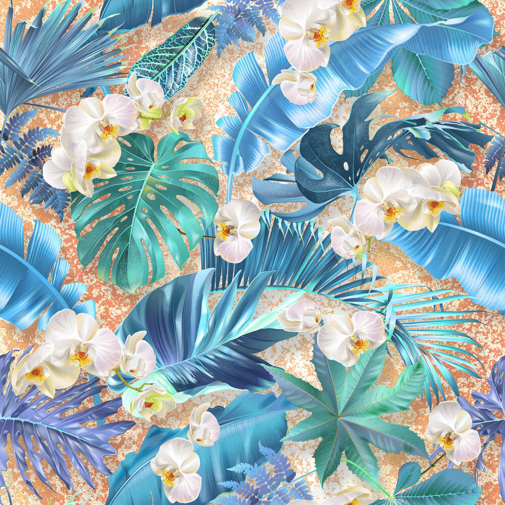 картина-постер Тропический узор из орхидей и пальмовых листьев