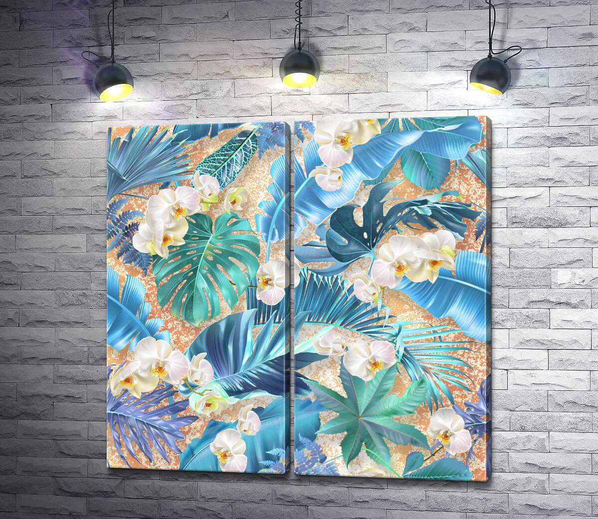 модульная картина Тропический узор из орхидей и пальмовых листьев
