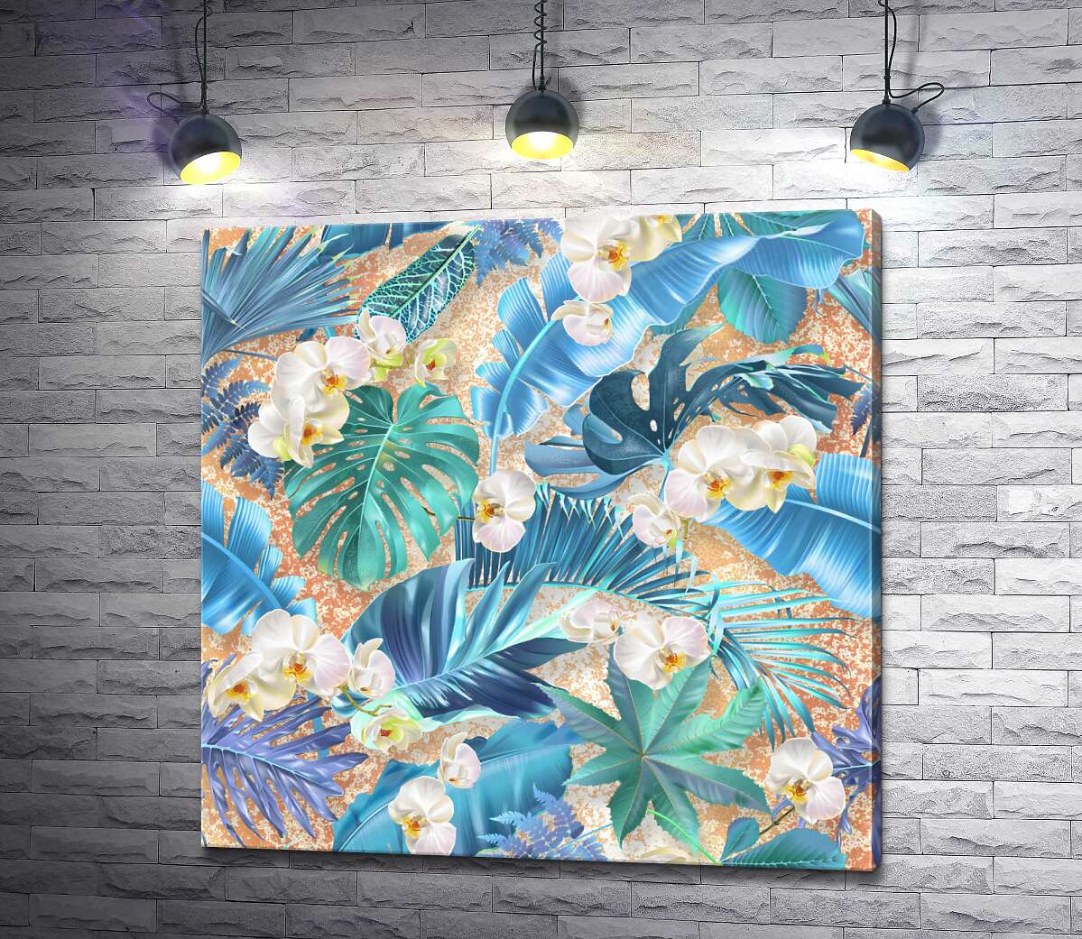 картина Тропический узор из орхидей и пальмовых листьев