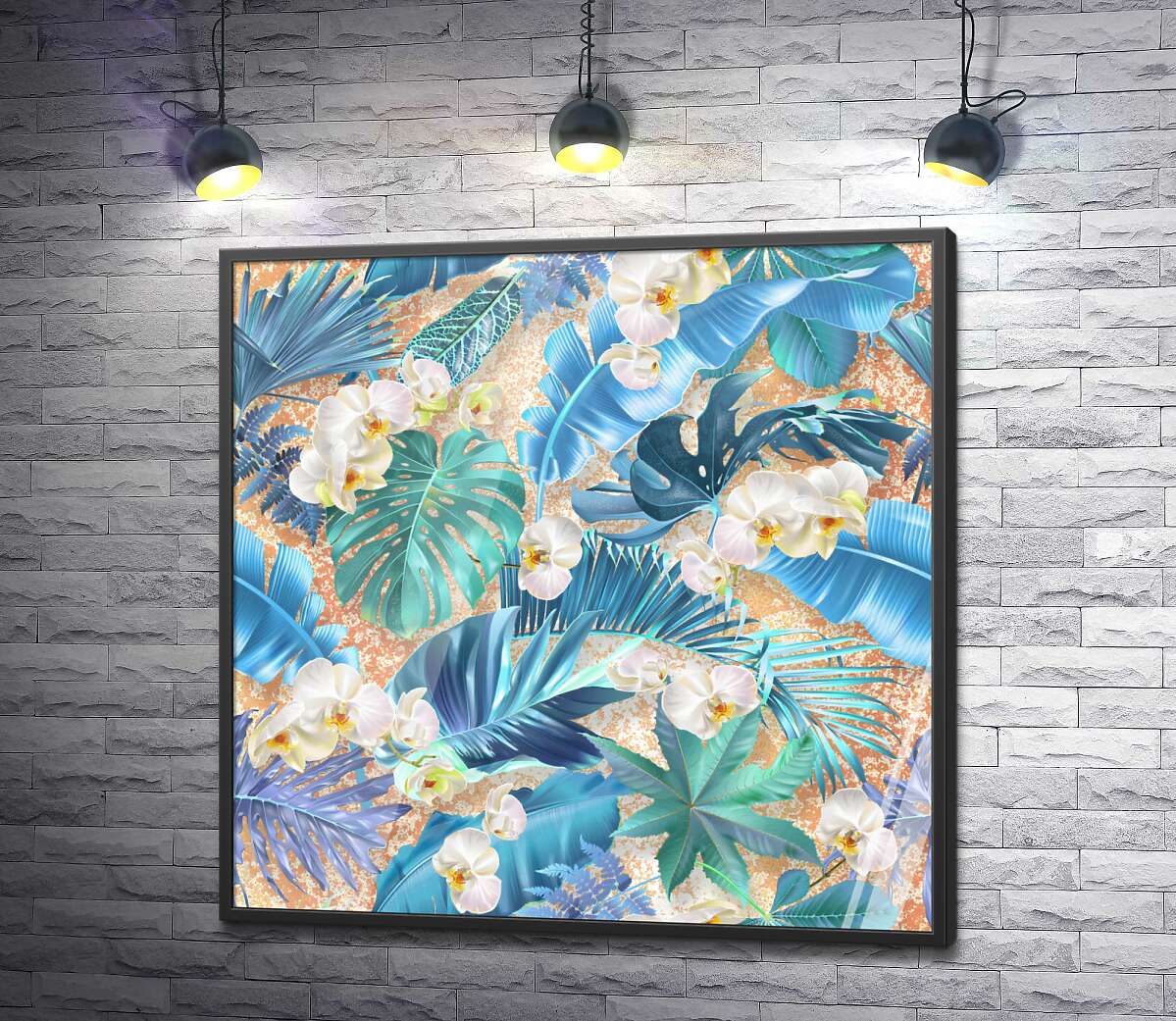 постер Тропический узор из орхидей и пальмовых листьев