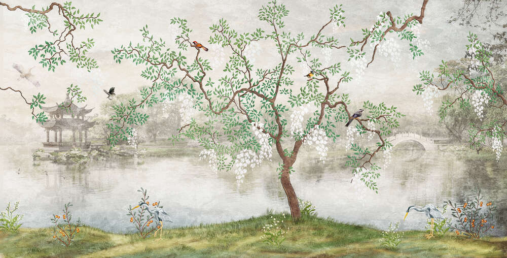 картина-постер Весеннее цветение деревьев на берегу туманного озера