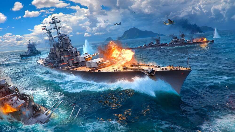 картина-постер Ожесточенный бой кораблей на постере к видеоигре "World of warships"