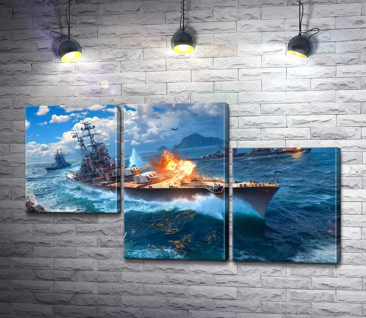 модульная картина Ожесточенный бой кораблей на постере к видеоигре "World of warships" (Модуль №13)