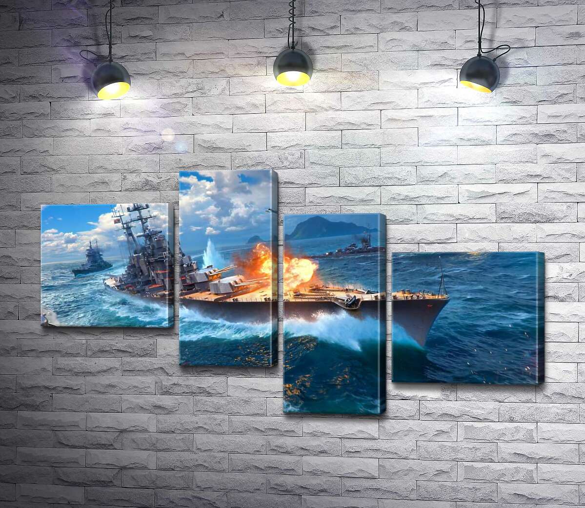модульная картина Ожесточенный бой кораблей на постере к видеоигре "World of warships" (Модуль №21)