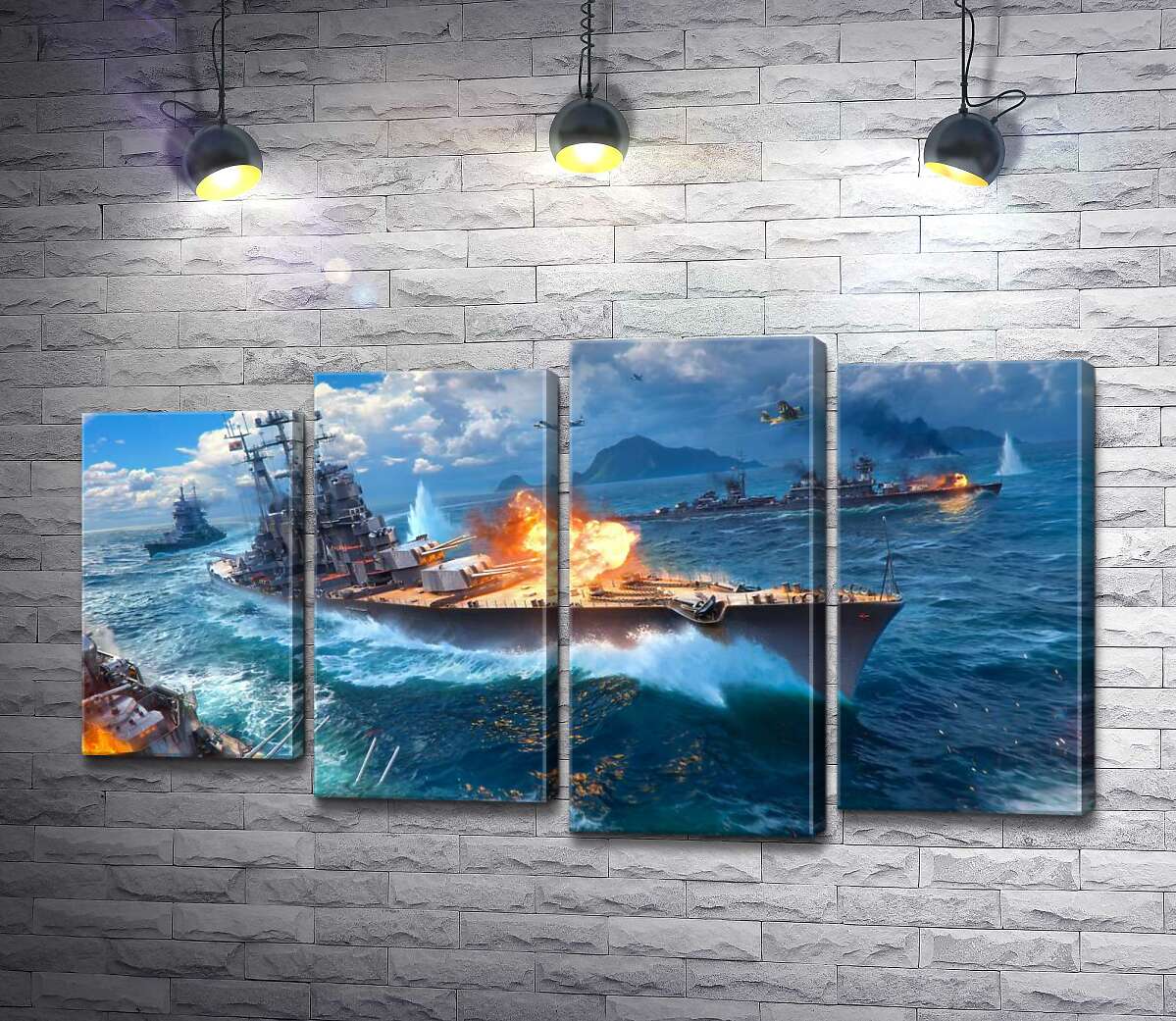 модульная картина Ожесточенный бой кораблей на постере к видеоигре "World of warships" (Модуль №3)