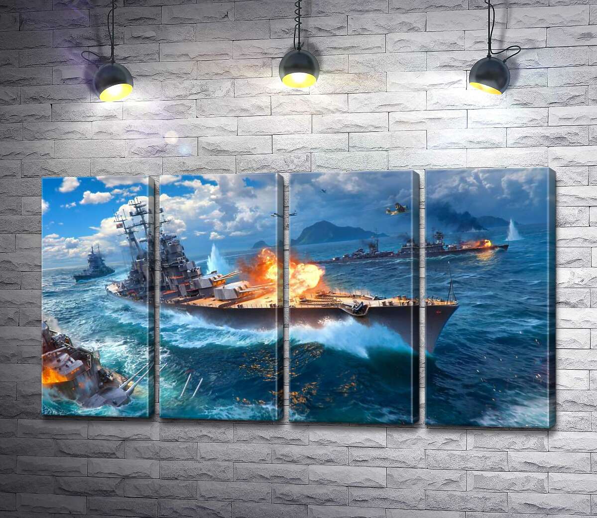 модульная картина Ожесточенный бой кораблей на постере к видеоигре "World of warships" (Модуль №24)