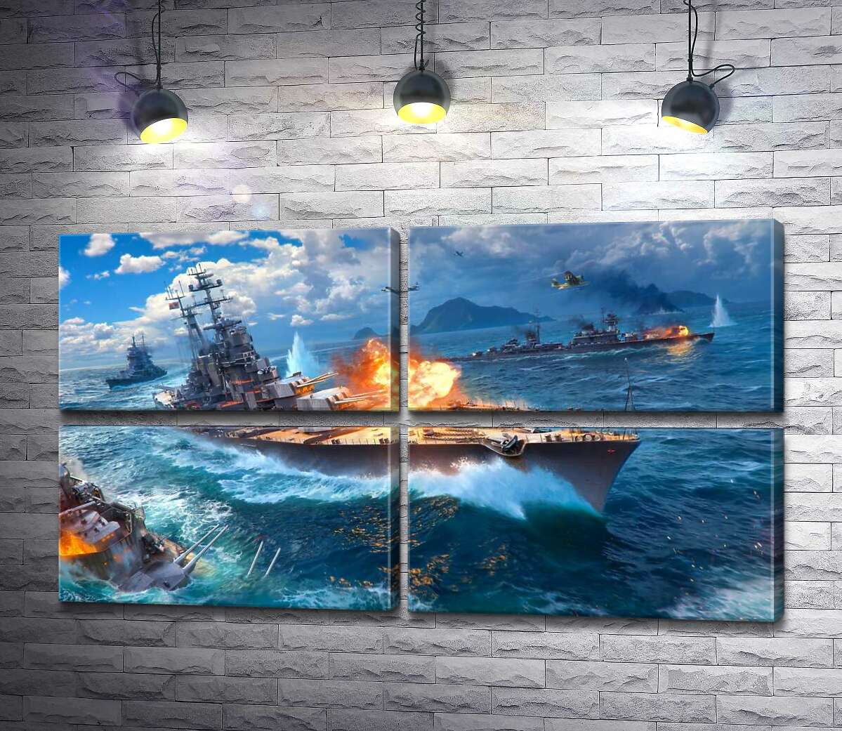 модульная картина Ожесточенный бой кораблей на постере к видеоигре "World of warships" (Модуль №25)