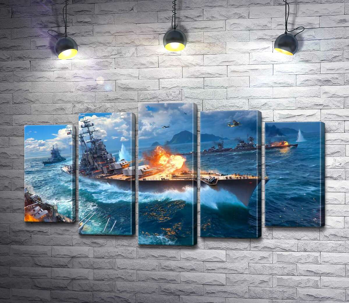 модульная картина Ожесточенный бой кораблей на постере к видеоигре "World of warships" (Модуль №4)