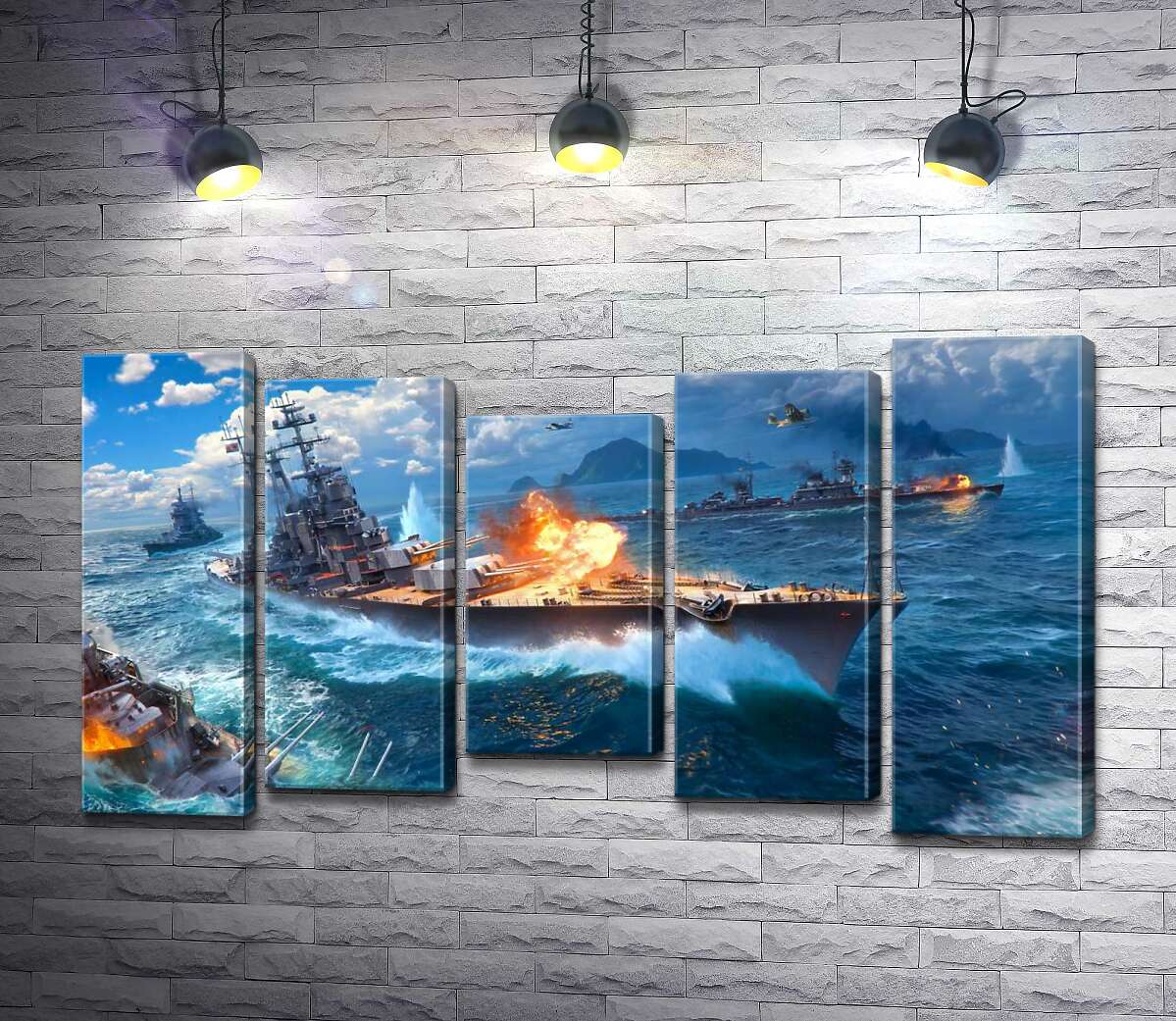 модульная картина Ожесточенный бой кораблей на постере к видеоигре "World of warships" (Модуль №27)