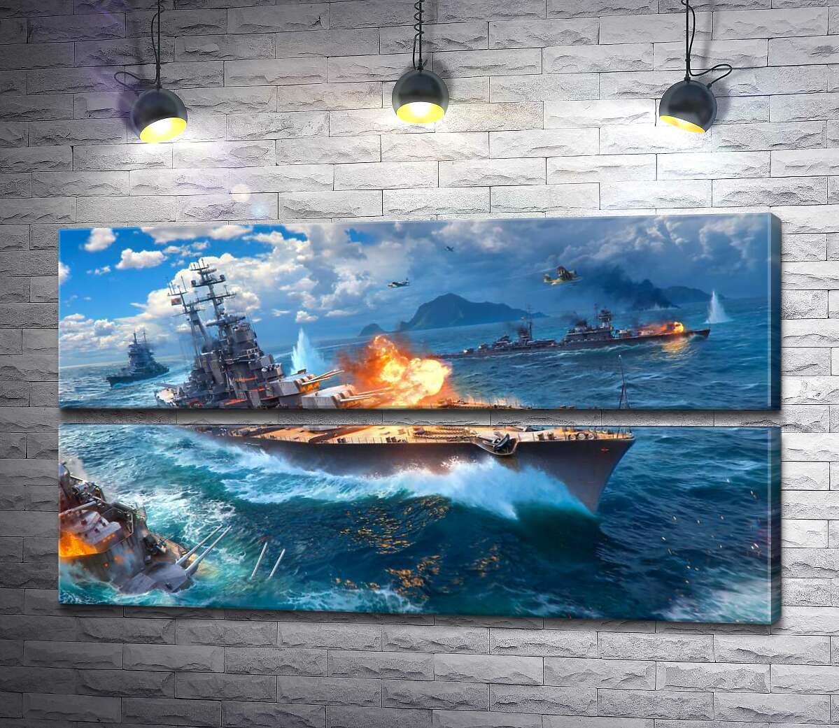 модульная картина Ожесточенный бой кораблей на постере к видеоигре "World of warships" (Модуль №7)