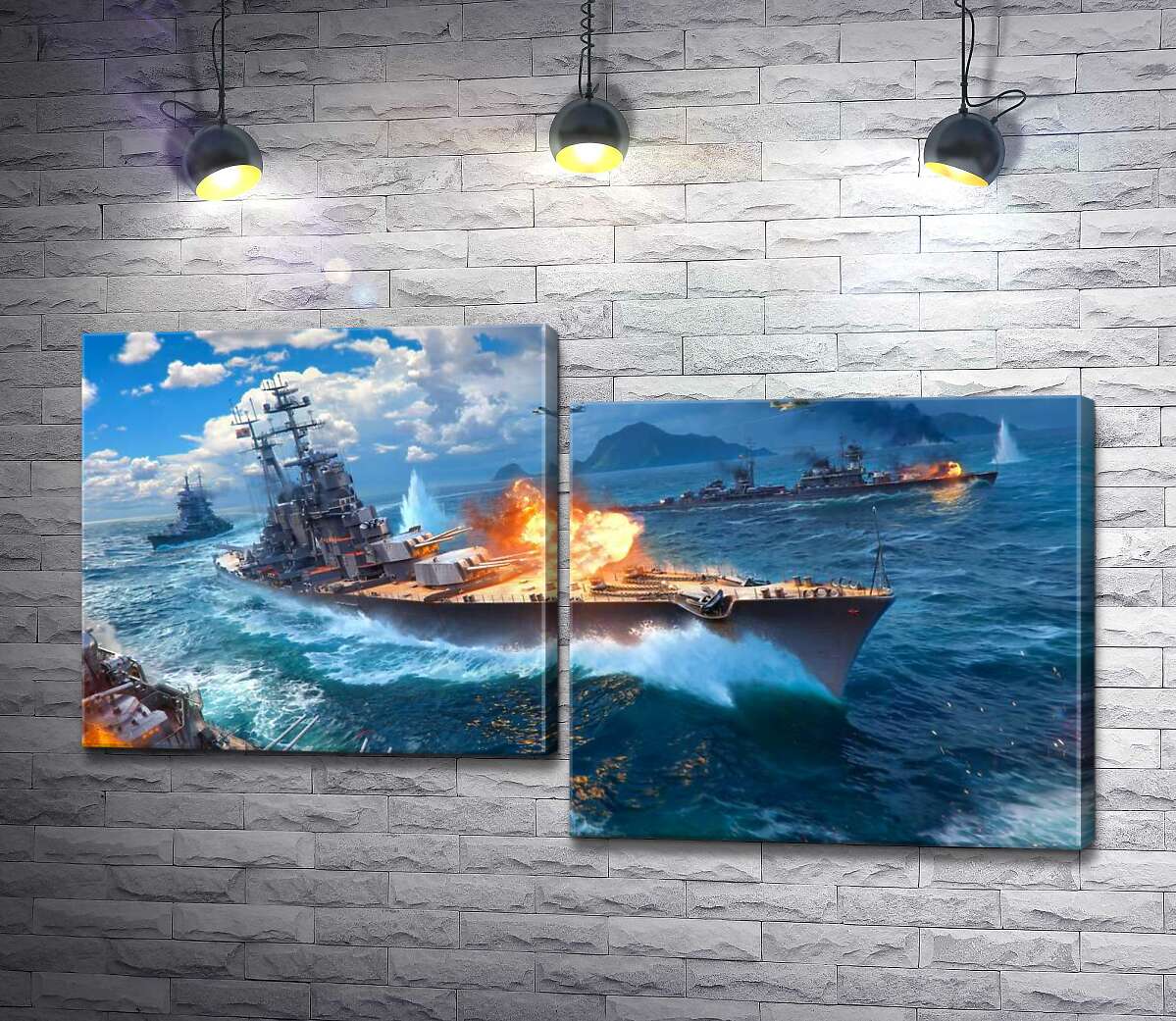 модульная картина Ожесточенный бой кораблей на постере к видеоигре "World of warships" (Модуль №9)