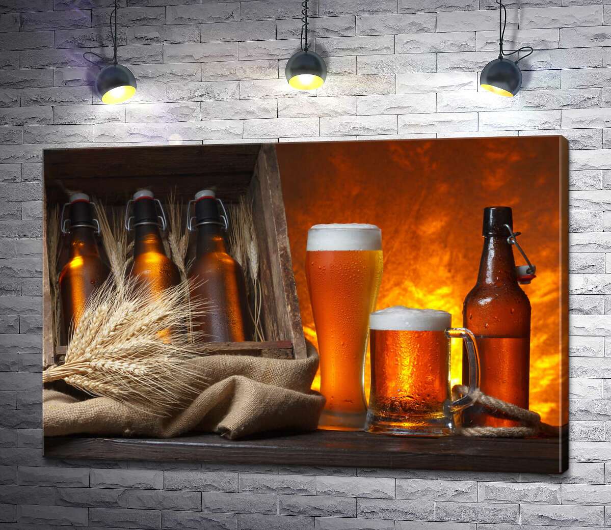 картина Холодные капли воды стекают по янтарным поверхностям бокалов и бутылок пива