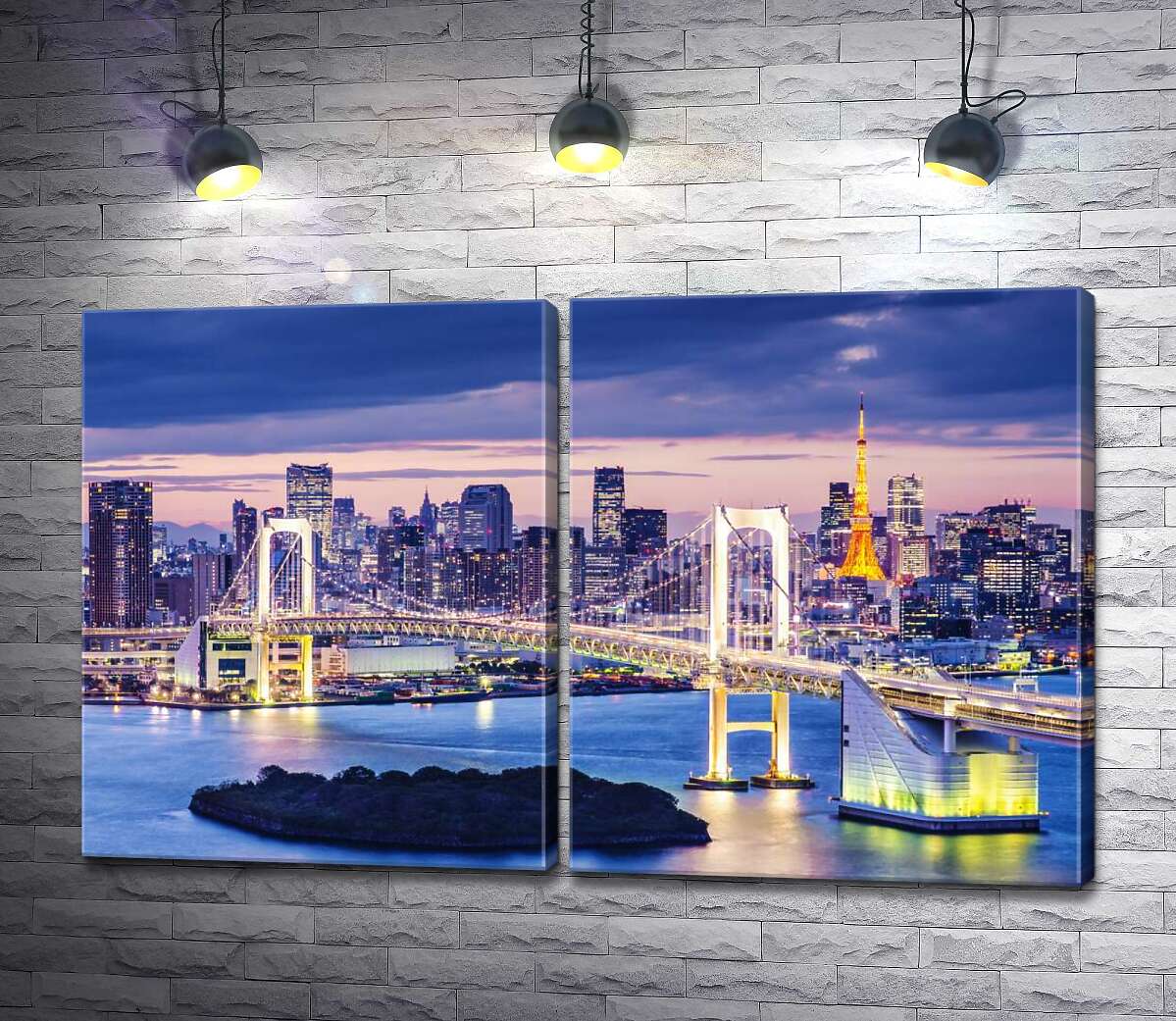 модульна картина Веселковий міст підсвічує вечірні води в Токіо