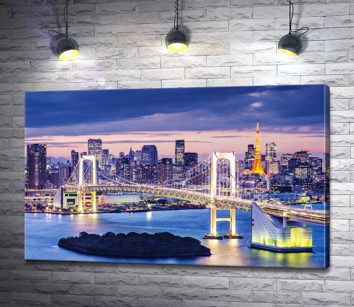 картина Веселковий міст підсвічує вечірні води в Токіо
