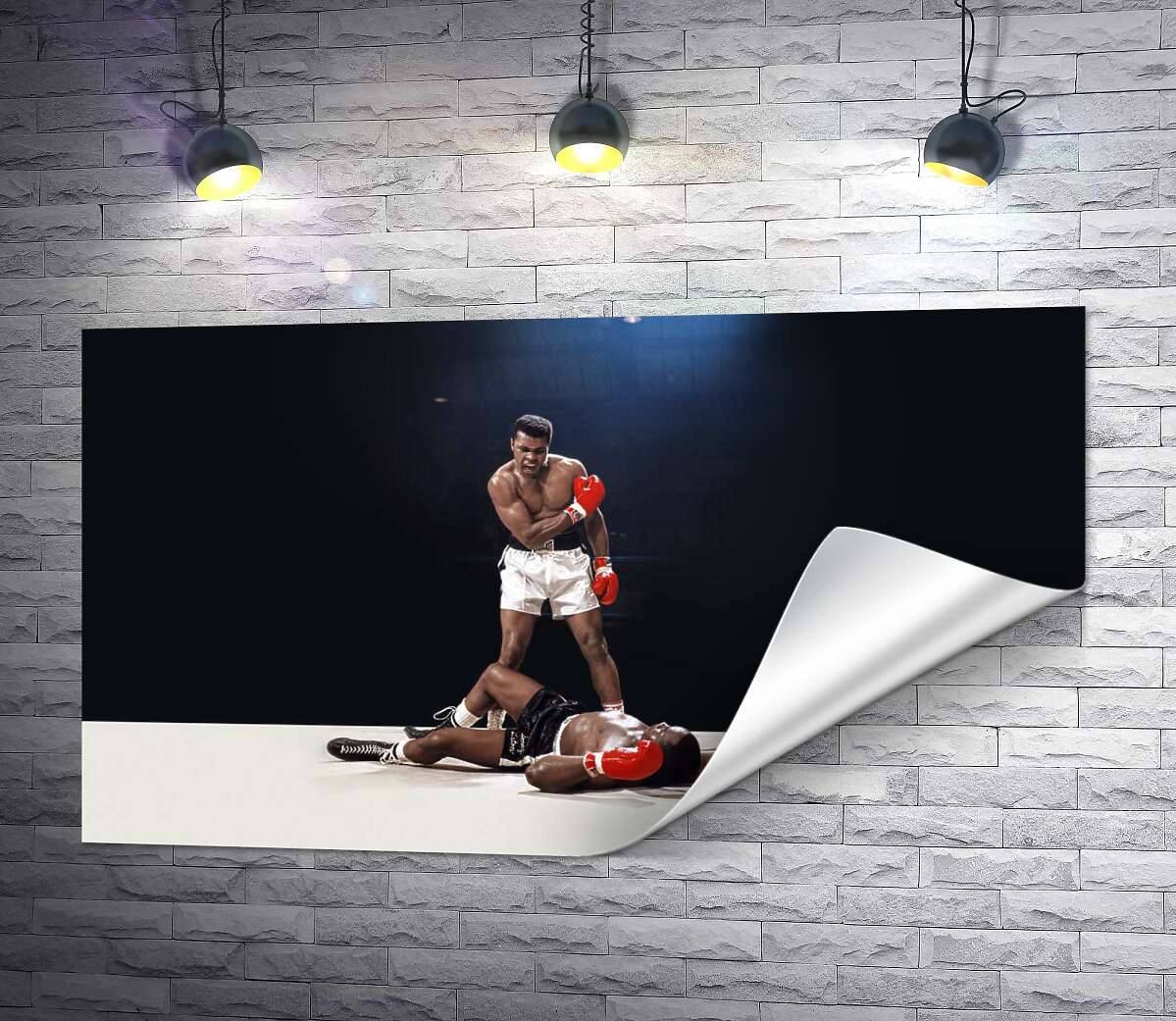 печать Победитель боксер Мухаммед Али (Muhammad Ali) стоит над побежденным Сонни Листоном (Sonny Liston)